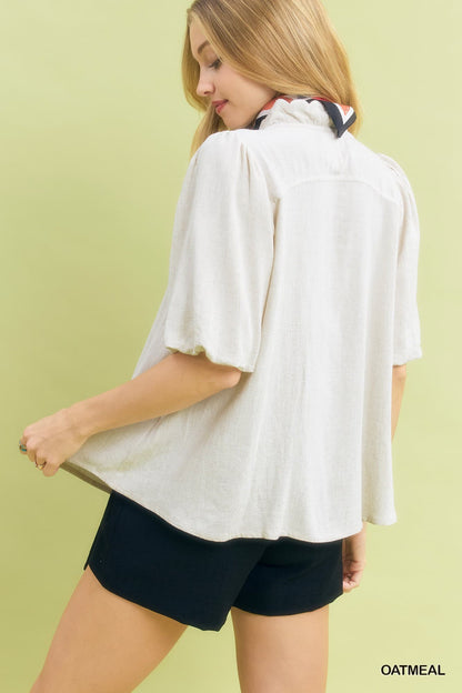 Umgee Linen Scallop Trim V-Neck Top