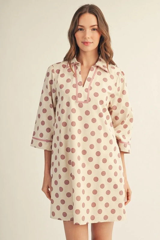 Jodifl-3/4 sleeves polka dot woven dress with side pockets.