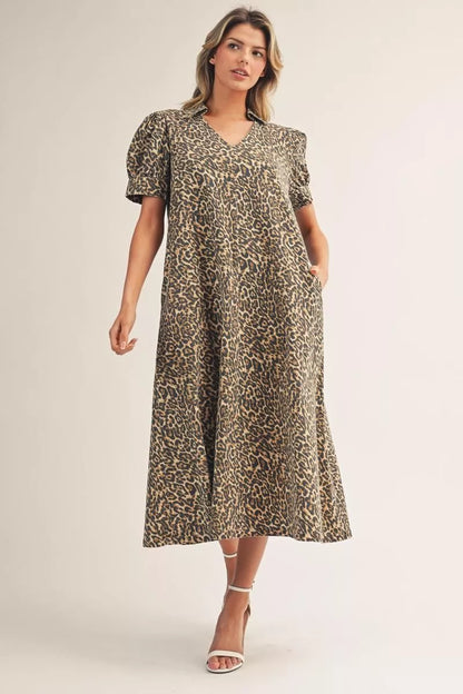 Jodifl-Short sleeves leopard print woven midi dress with side pockets, collarred v neckline.