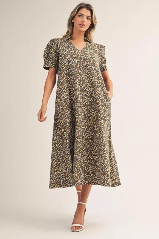 Jodifl-Short sleeves leopard print woven midi dress with side pockets, collarred v neckline.