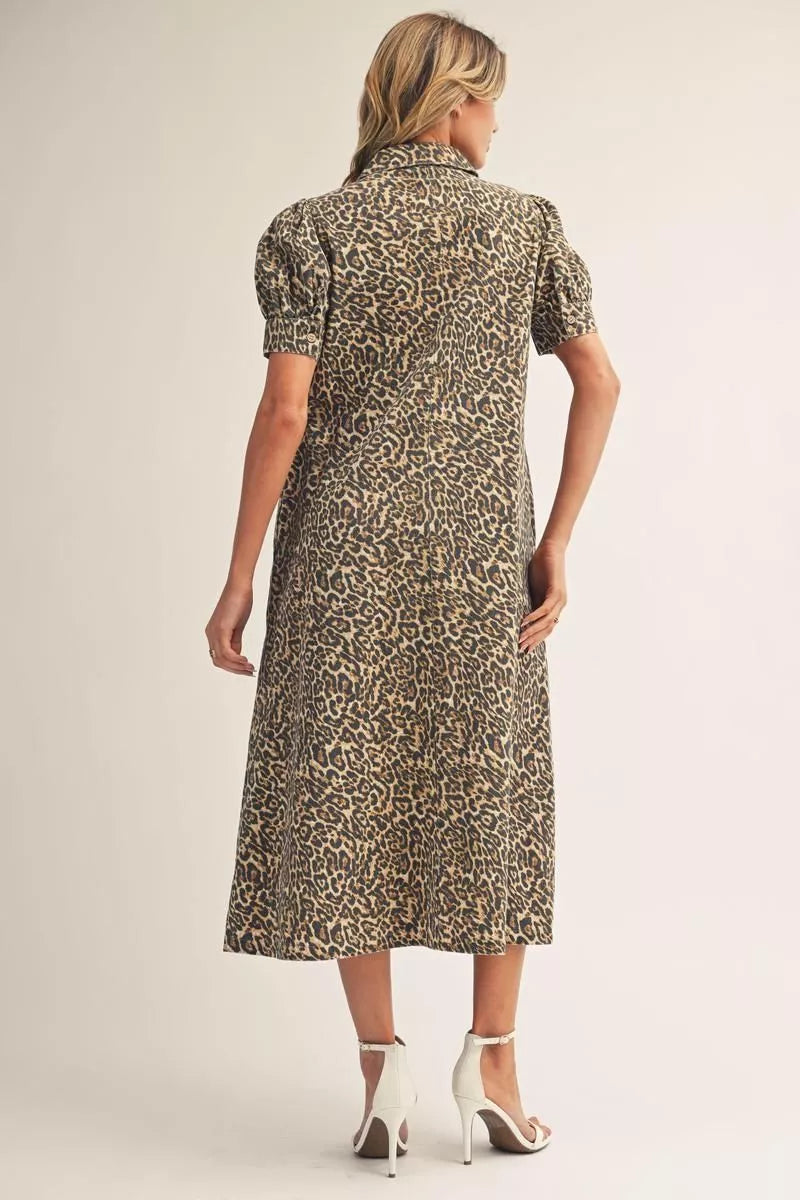 Jodifl-Short sleeves leopard print woven midi dress with side pockets, collarred v neckline.