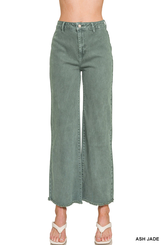 Zenana ACID WASHED FRAYED CUTOFF HEM STRAIGHT WIDE PANTS
