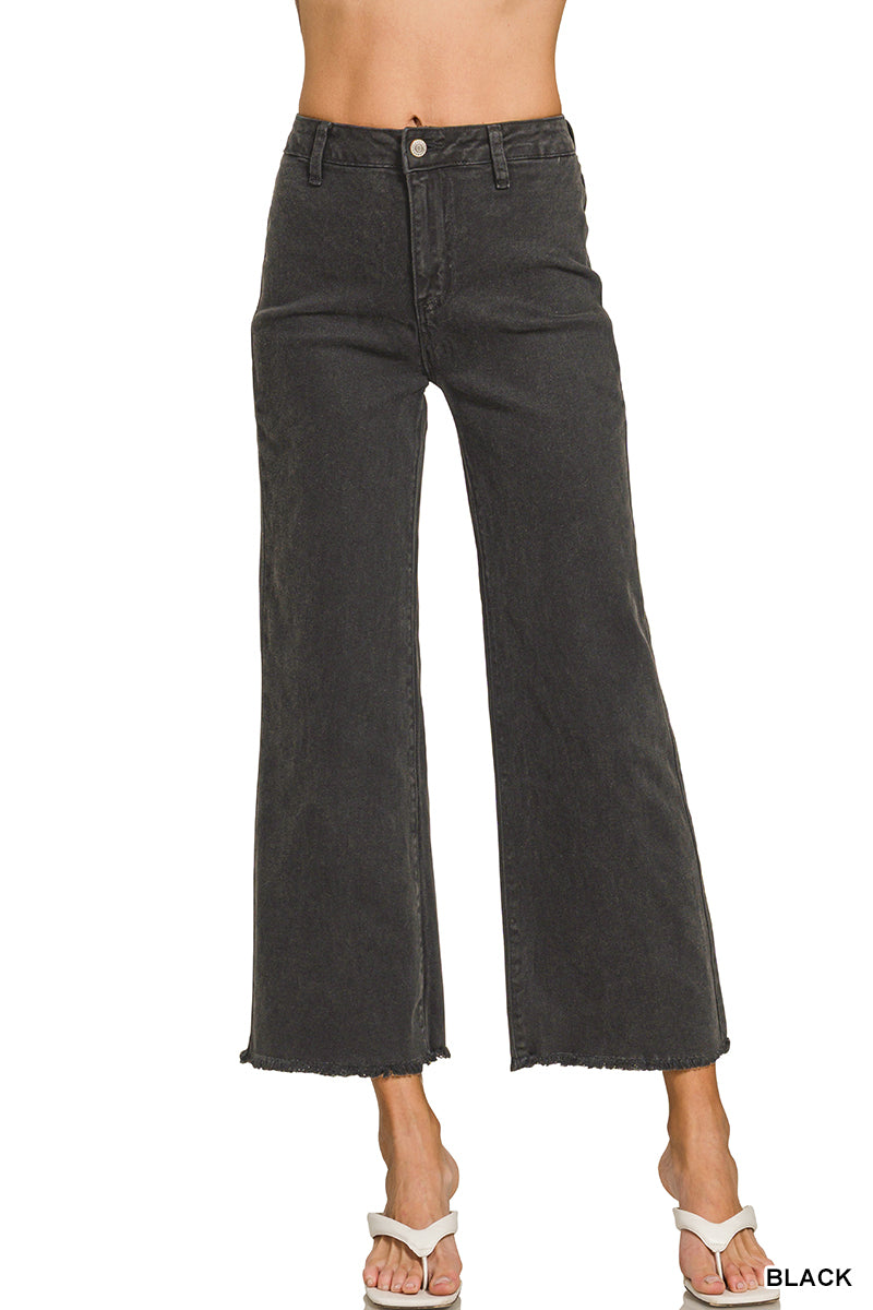 Zenana ACID WASHED FRAYED CUTOFF HEM STRAIGHT WIDE PANTS