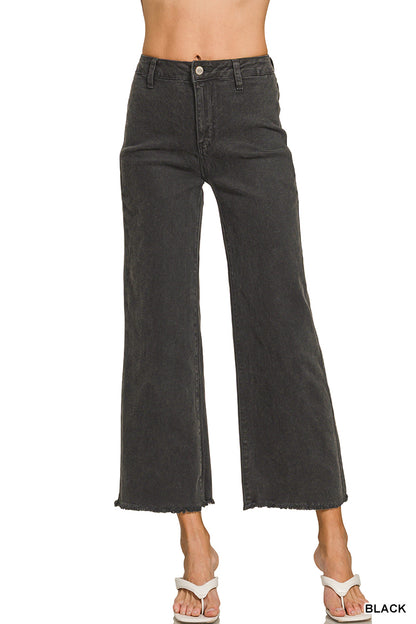 Zenana ACID WASHED FRAYED CUTOFF HEM STRAIGHT WIDE PANTS