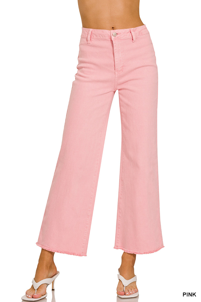 Zenana ACID WASHED FRAYED CUTOFF HEM STRAIGHT WIDE PANTS