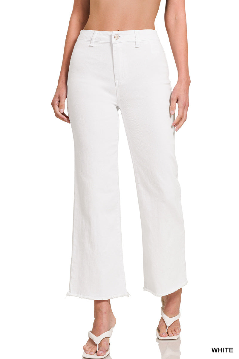 Zenana ACID WASHED FRAYED CUTOFF HEM STRAIGHT WIDE PANTS