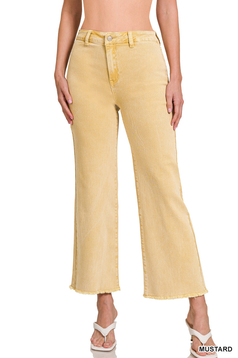 Zenana ACID WASHED FRAYED CUTOFF HEM STRAIGHT WIDE PANTS
