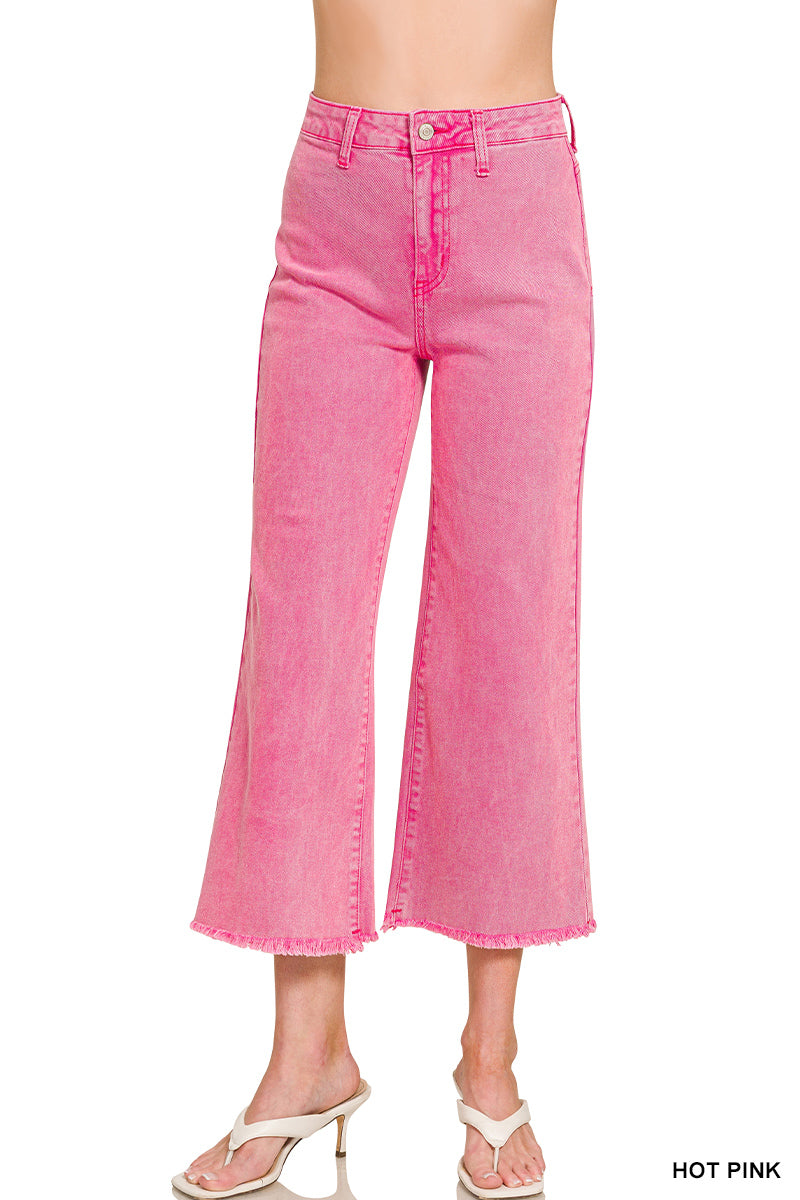 Zenana ACID WASHED HIGH WAIST FRAYED HEM STRAIGHT PANTS