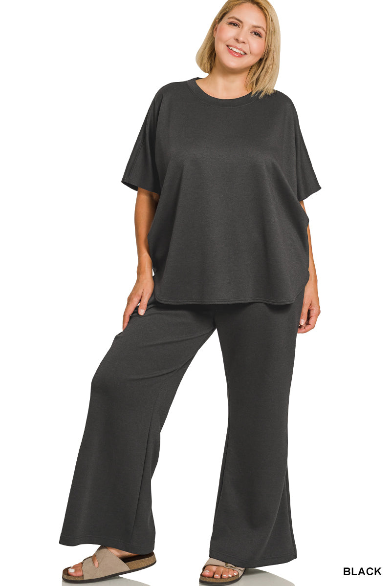 Plus Size Zenana-SCUBA CURVED HEM TOP & PANTS SET