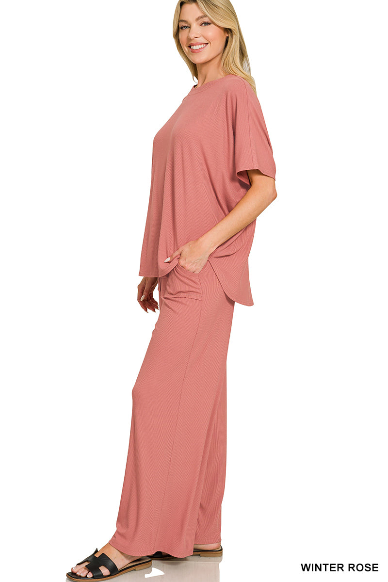 Zenana- RIBBED RAYON RELAXED FIT TOP & PANTS SET