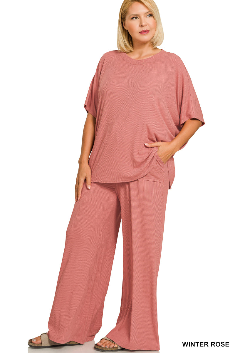 Plus Size Zenana-RIBBED RAYON RELAXED FIT TOP & PANTS SET