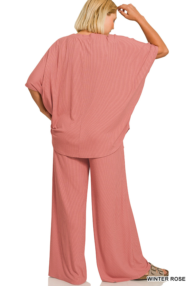 Plus Size Zenana-RIBBED RAYON RELAXED FIT TOP & PANTS SET