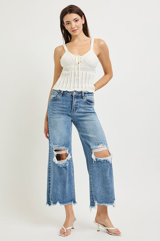 HIGH RISE CROP WIDE DISTRESSED JEANS