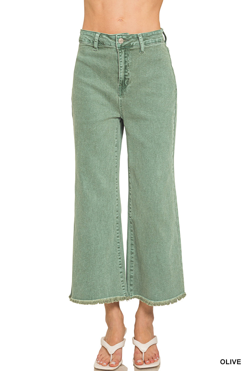 Zenana ACID WASHED HIGH WAIST FRAYED HEM STRAIGHT PANTS
