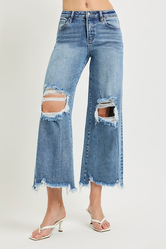 Risen- HIGH RISE CROP WIDE DISTRESSED JEANS