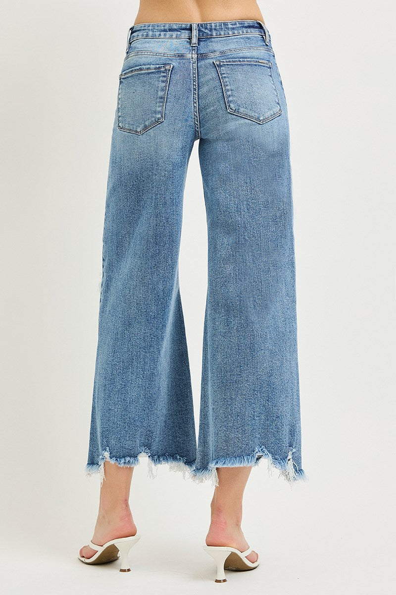 Risen- HIGH RISE CROP WIDE DISTRESSED JEANS