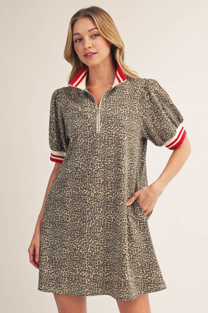Jodifl-Short puff sleeves front zip up leopard dress with color band contrast accent, side pockets.