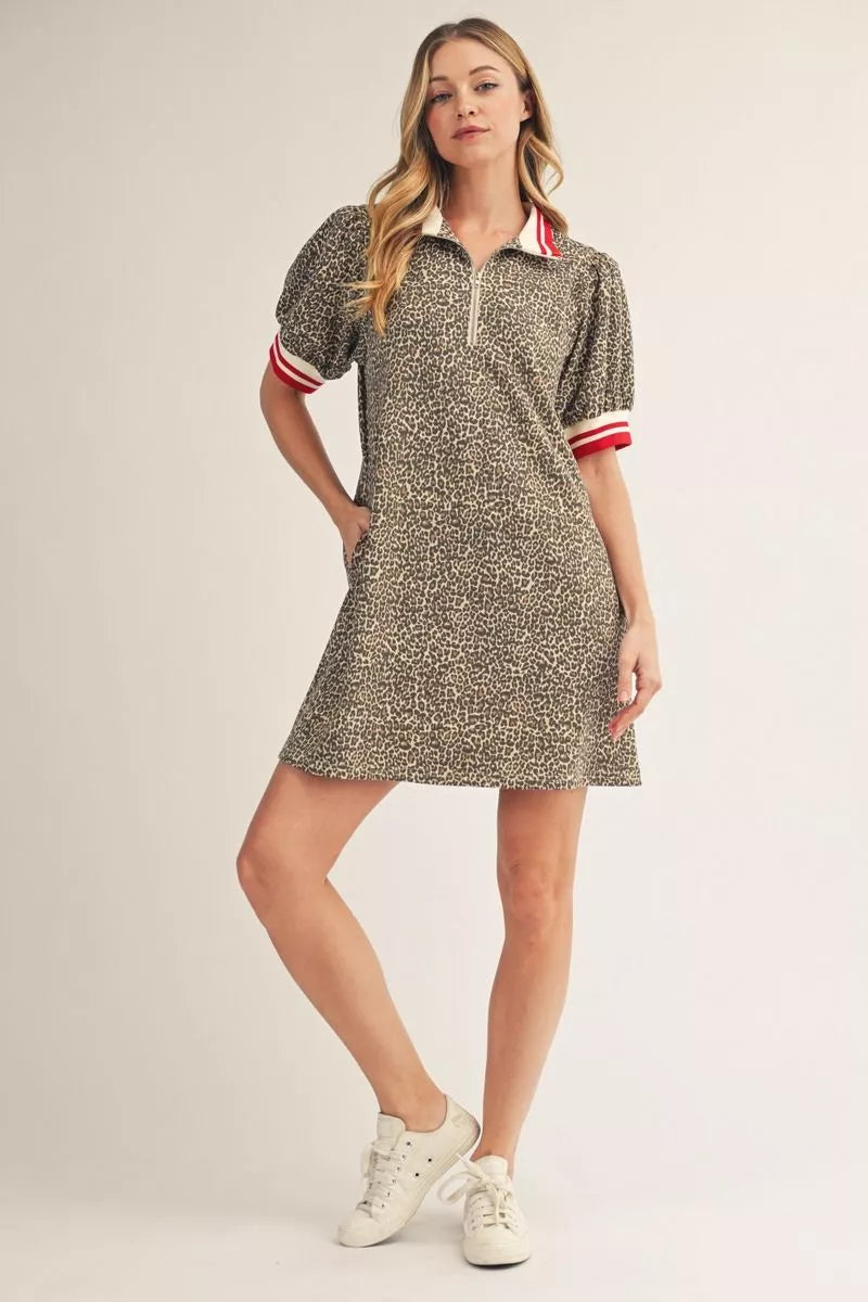 Jodifl-Short puff sleeves front zip up leopard dress with color band contrast accent, side pockets.