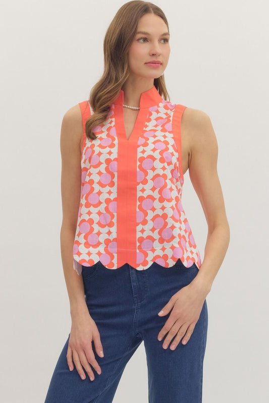 Entro-Printed sleeveless top featuring scallop hem detail.