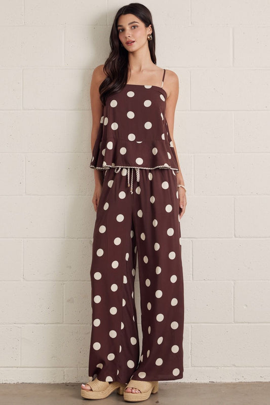 Entro-Polka dot wide leg pants featuring elasticated drawstring waistband. Side pockets. Lined. With matching top
