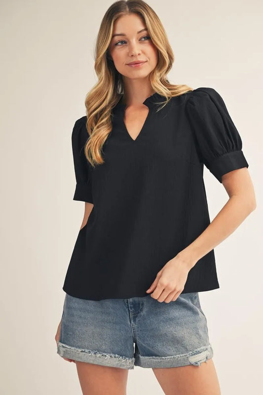 Jodifl-Puff shoulder short sleeves crinkle solid top with v-notched neck, ruffled neckline.