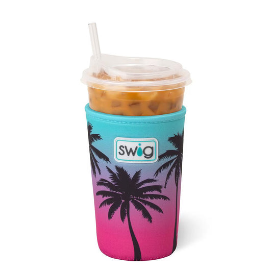 Pink to blue gradient cup coolie with black Palm trees. 
