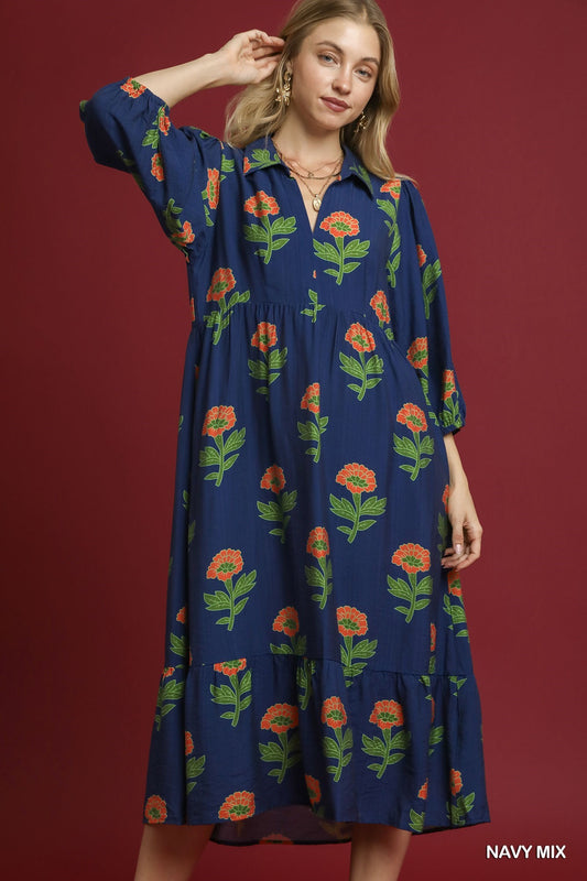 Floral Print Maxi Dress with Bubble Sleeves