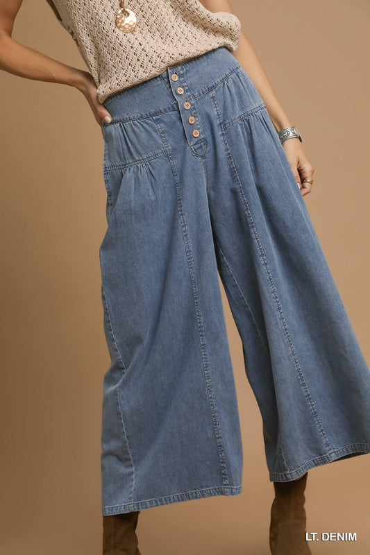 Stone Washed Wide-Leg Button-Front Culottes