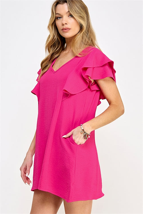 BB-Fuchsia- Flutter Sleeve Ruffle Dress