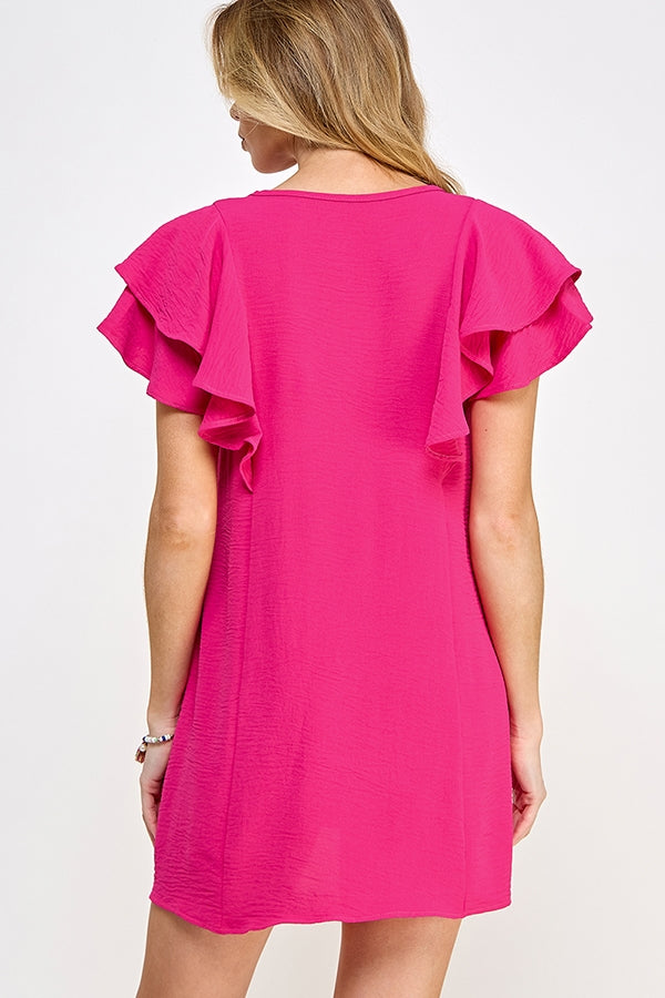 BB-Fuchsia- Flutter Sleeve Ruffle Dress