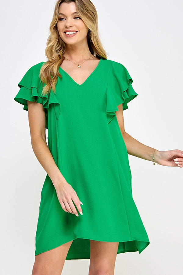 BB-Green-V-Neck Flutter Sleeve Ruffle Dress