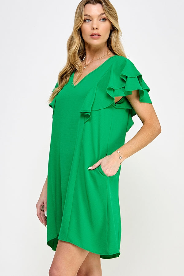 BB-Green-V-Neck Flutter Sleeve Ruffle Dress