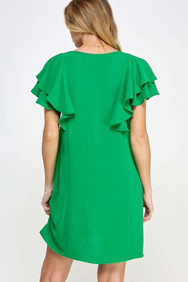 BB-Green-V-Neck Flutter Sleeve Ruffle Dress