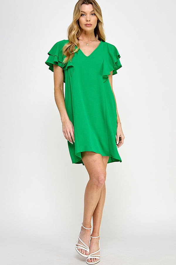 BB-Green-V-Neck Flutter Sleeve Ruffle Dress