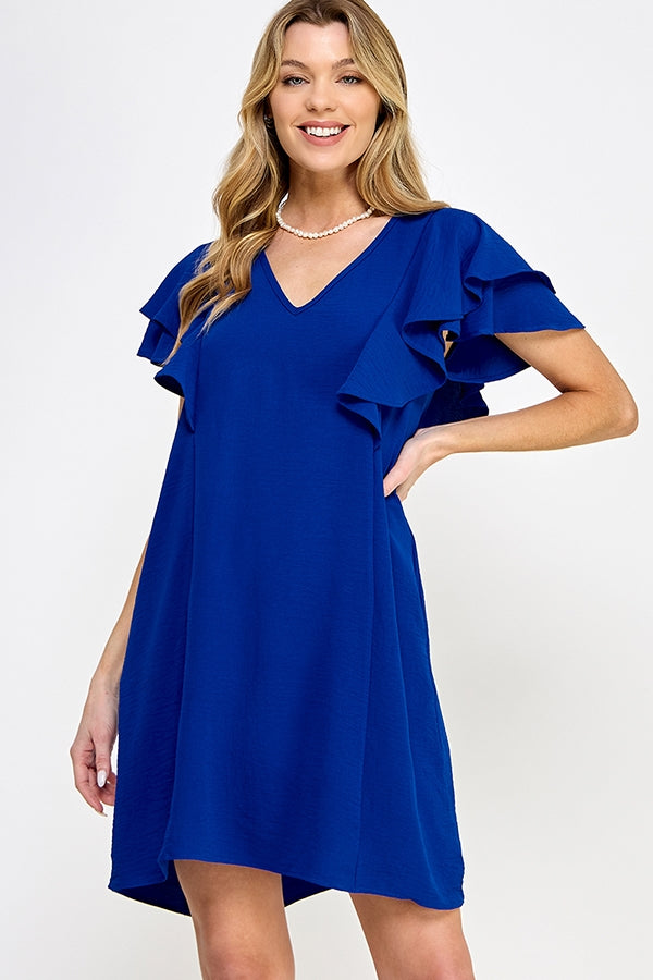 BB-Blue-V-Neck Flutter Sleeve Ruffle Dress