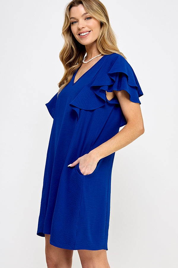 BB-Blue-V-Neck Flutter Sleeve Ruffle Dress