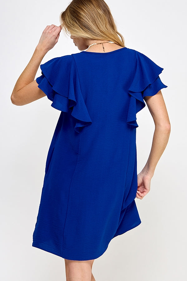 BB-Blue-V-Neck Flutter Sleeve Ruffle Dress