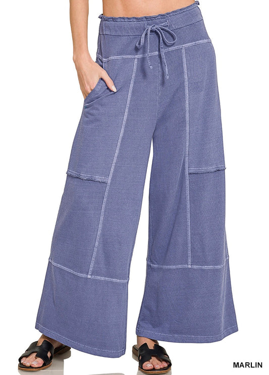 Dark blue wide leg pants on a white background