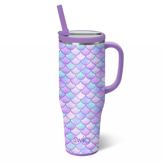 Mermaid scale pattern tumbler with a handle and straw on a white background