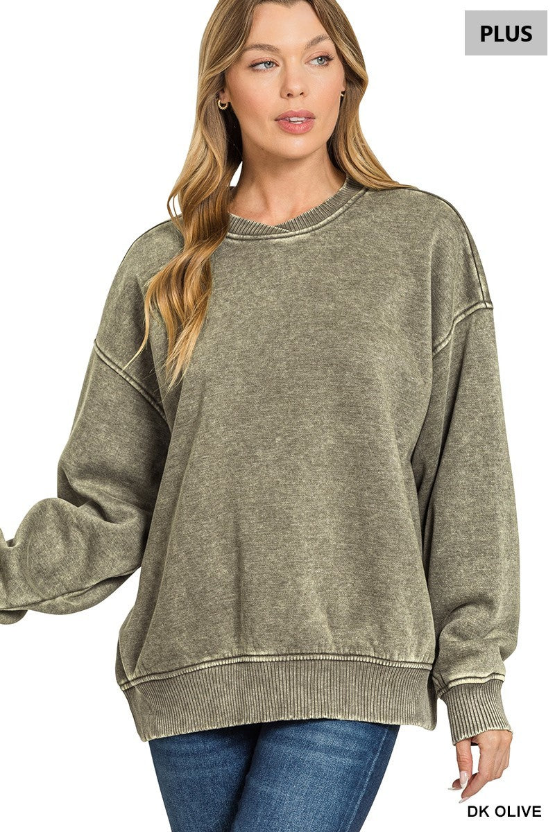 Plus Acid Wash Oversized Fleece Pullover