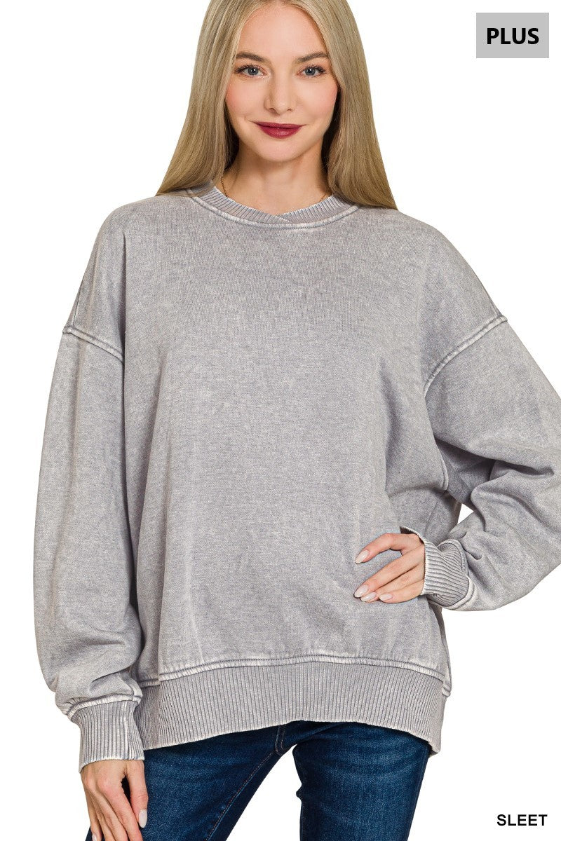 Plus Acid Wash Oversized Fleece Pullover