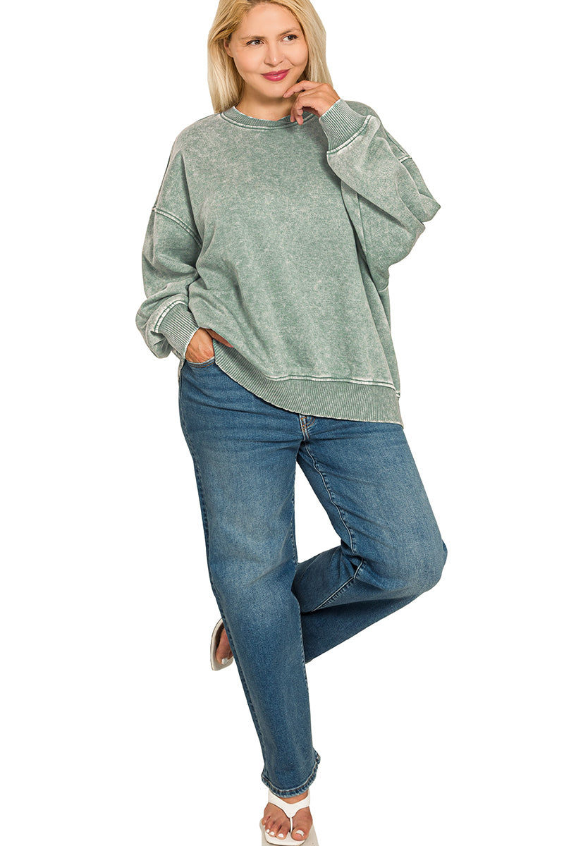 Plus Acid Wash Oversized Fleece Pullover