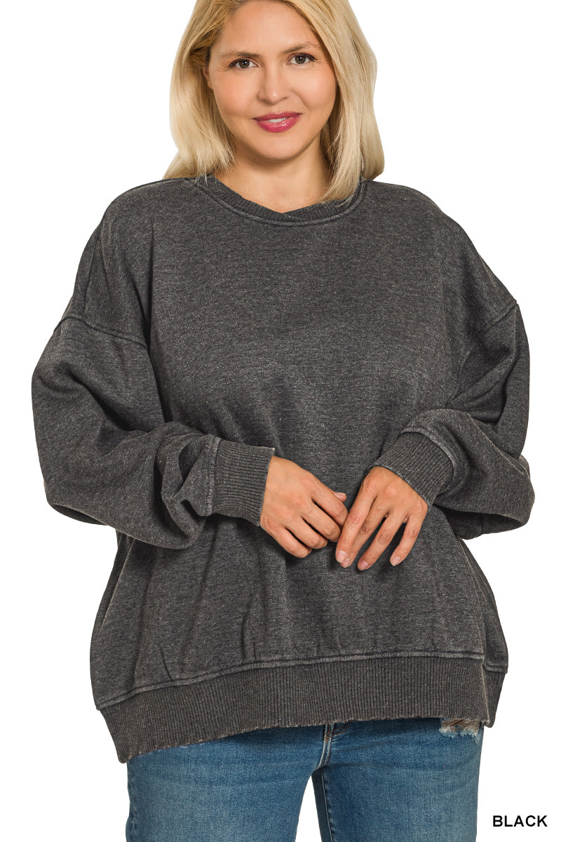 Plus Acid Wash Oversized Fleece Pullover