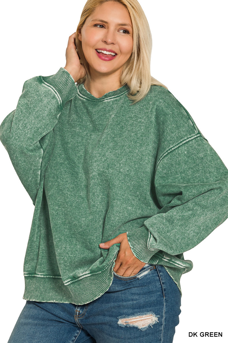 Plus Acid Wash Oversized Fleece Pullover