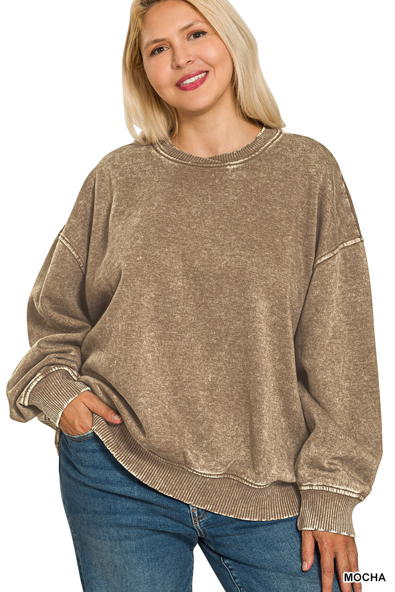 Plus Acid Wash Oversized Fleece Pullover