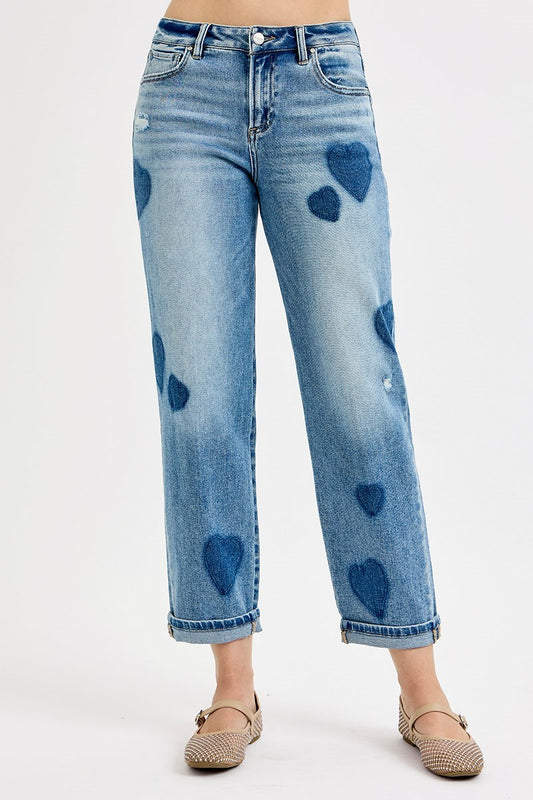 Mid Rise Fit Boyfriend Heart Shape Jean