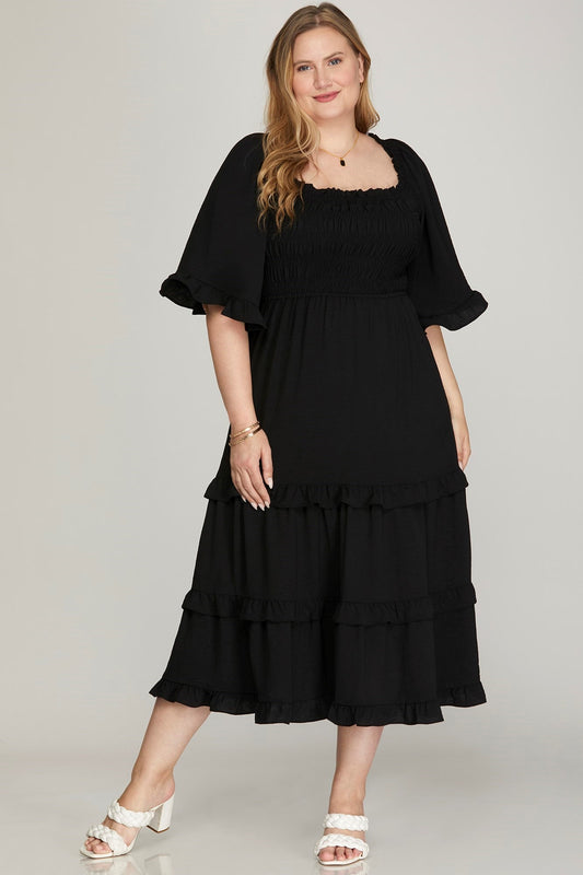 Plus- Bell Sleeve Neck Woven Dress