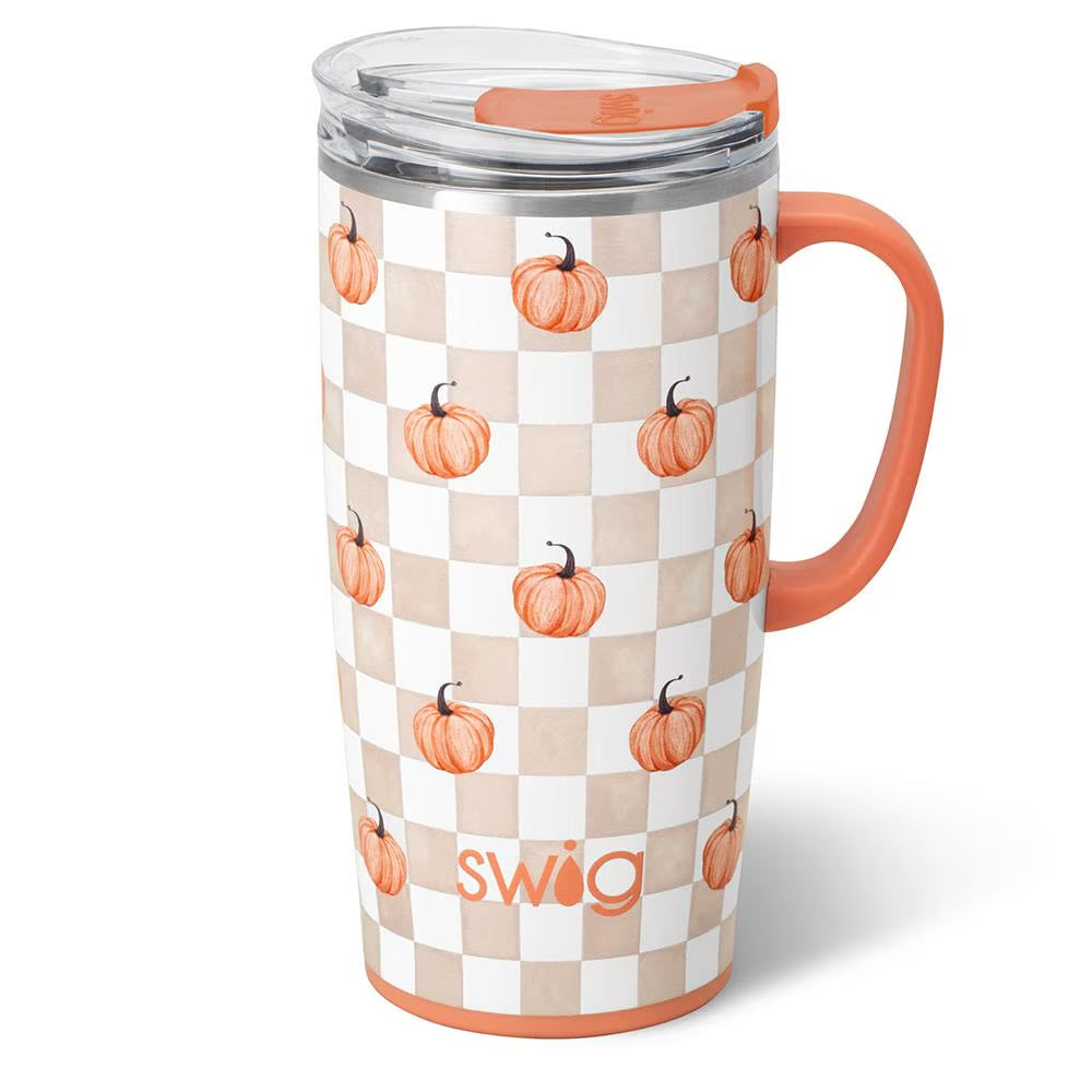 A tall travel tumbler with a handle and clear lid, featuring an orange pumpkin pattern on a beige and white checkerboard design. The word 'swig' is printed near the bottom.