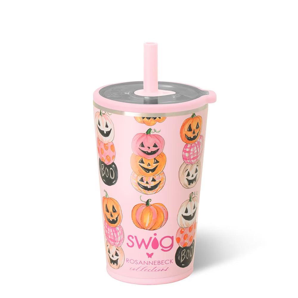A pink 14 oz stainless steel travel tumbler with a matching pink straw and lid. The tumbler is decorated with a pattern of various jack-o'-lantern pumpkins in orange, white, and pink.