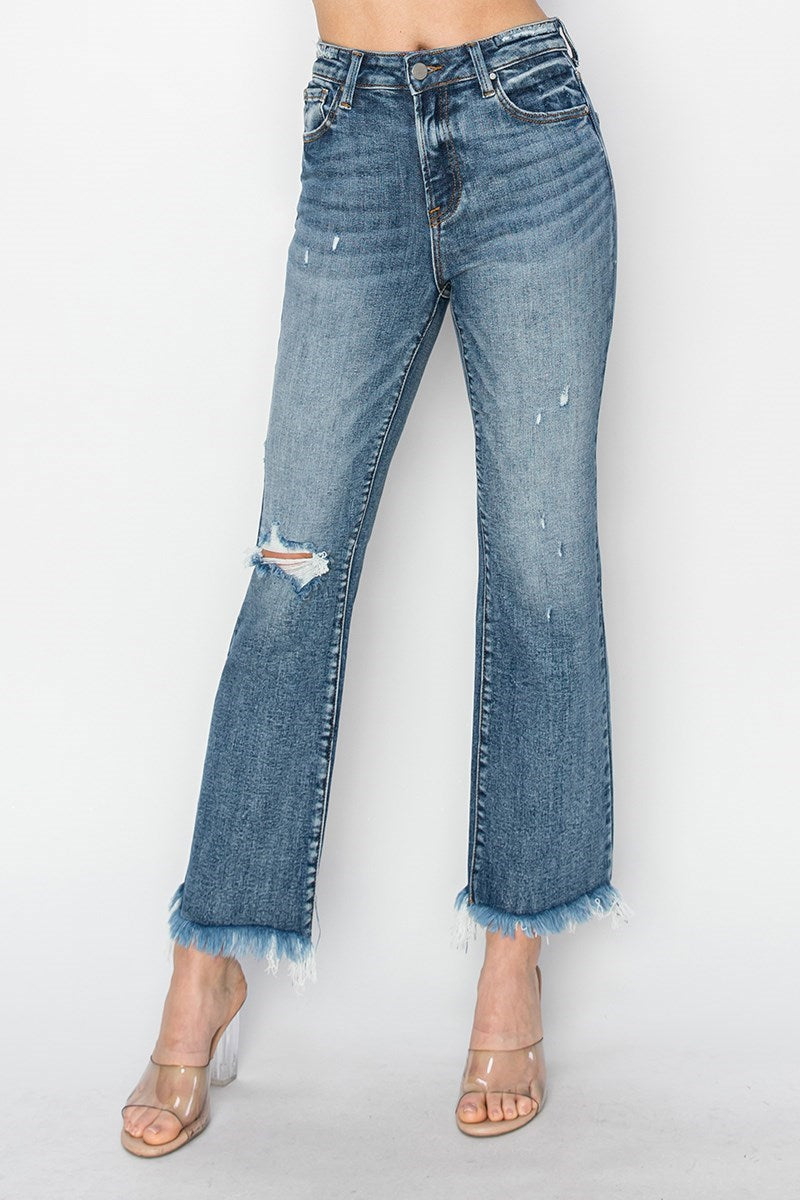 High Rise Crop Bootcut Frayed Jeans